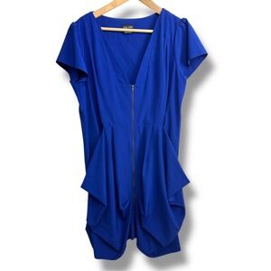 City Chic Cobalt Blue V Neck Zipper Front Dress Ruched Pockets Size 16W
